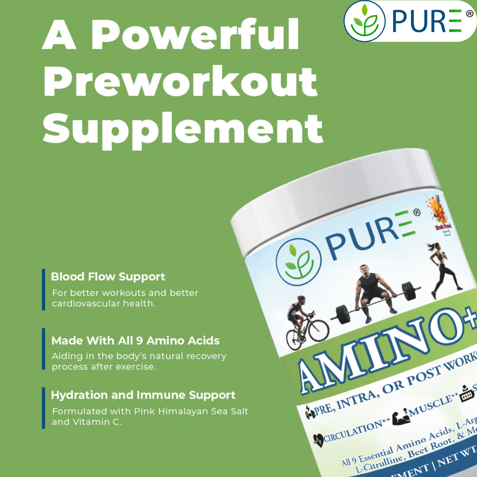 PURE Sport Amino+ All 9 essential Amino Acids (501g, 30 servings) Fruit Splash!