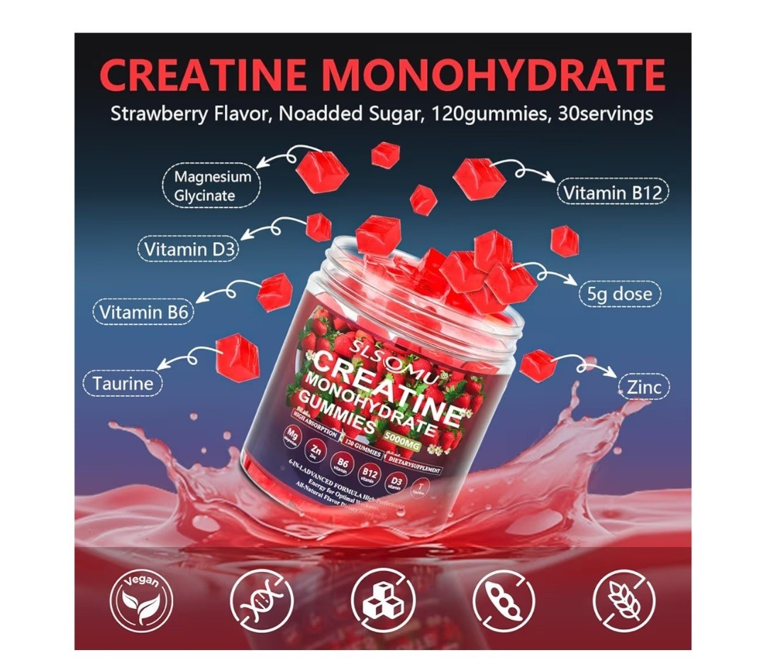 SLSOMU Creatine Monohydrate Gummies 5000mg Strawberry Vegan Sugar-Free 120ct