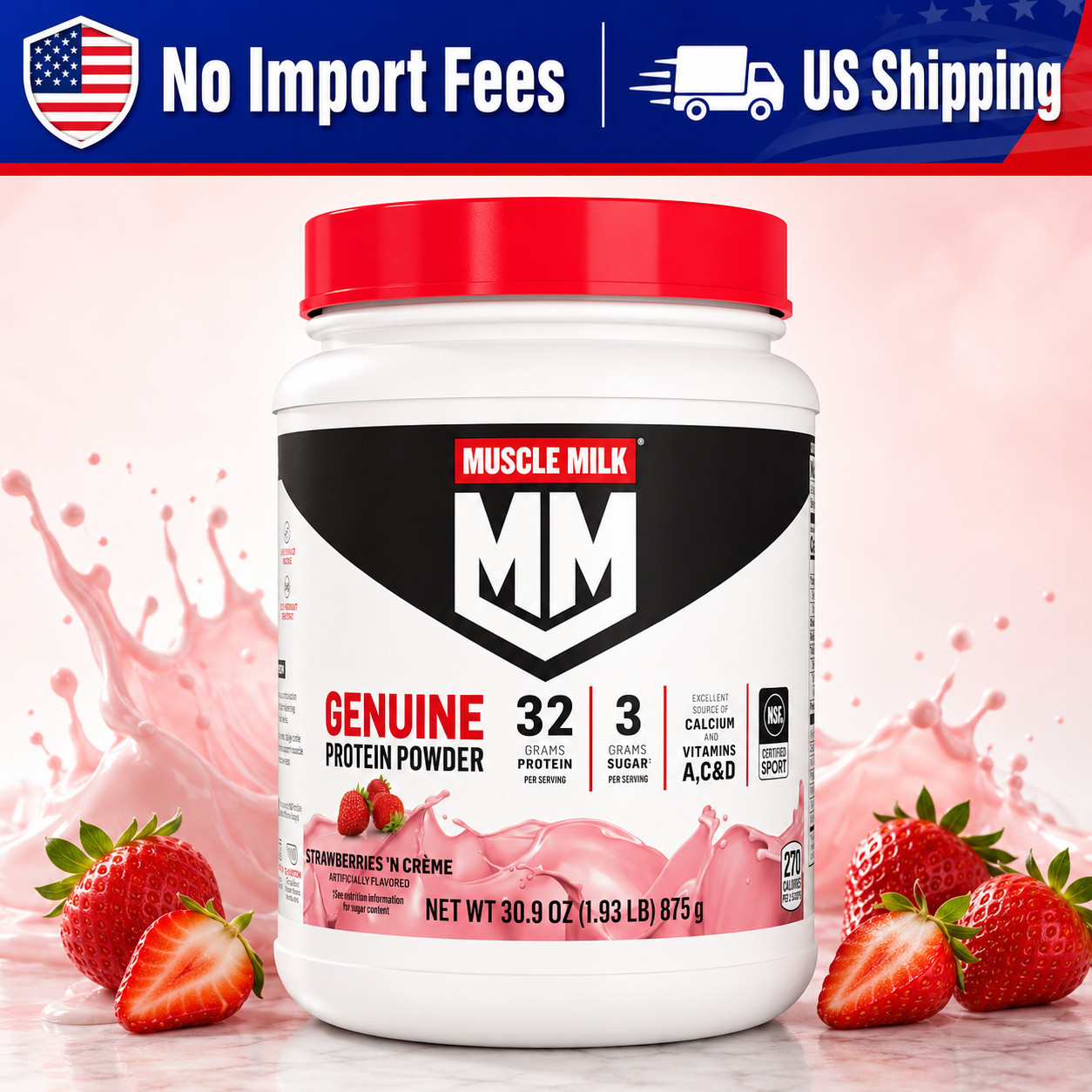 Muscle Milk Genuine Protein Powder Strawberries N Crème 30.9 oz 32g Protein