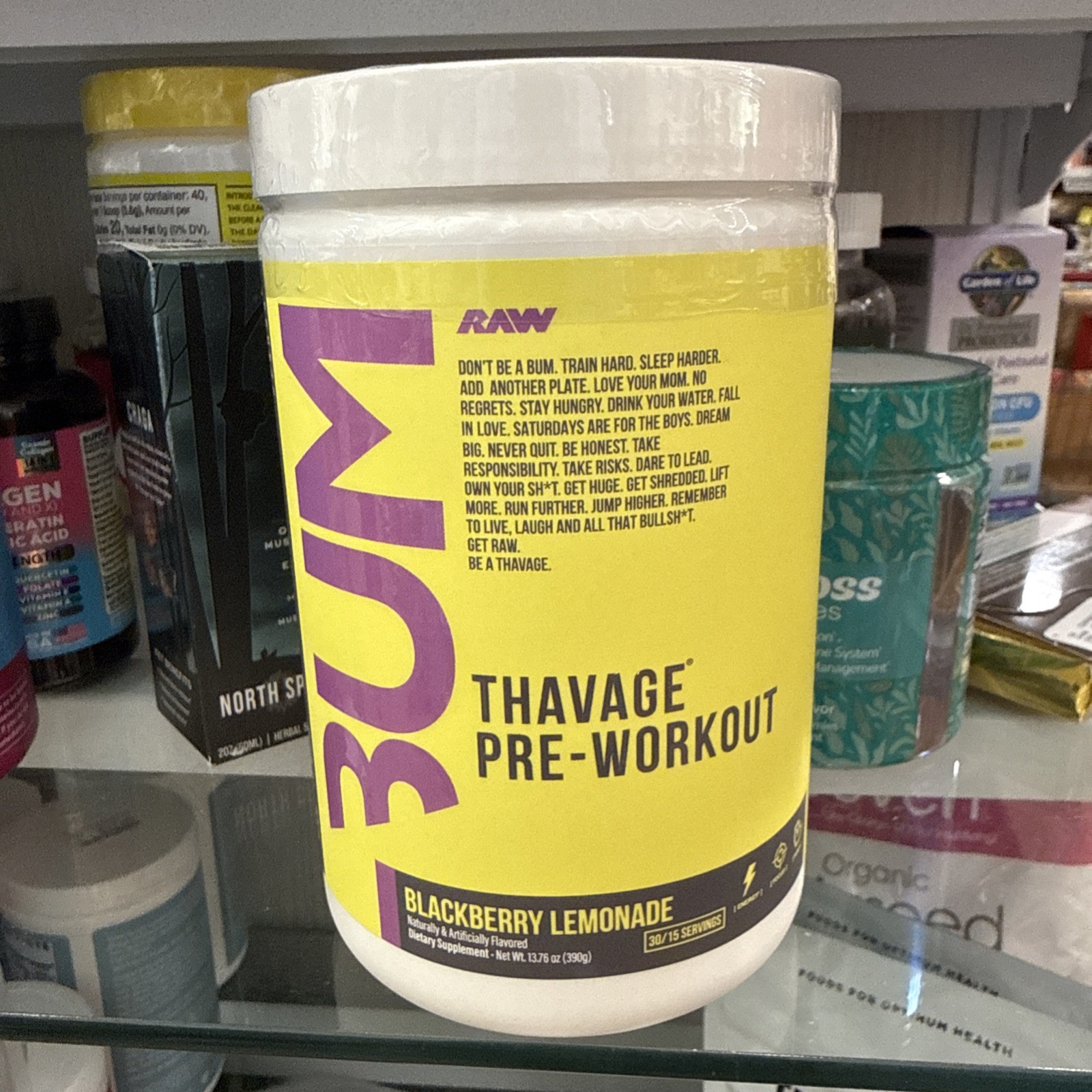 BUM RAW Thavage Pre – Workout *Blackberry Lemonade Powder* 13.76 OZ. Exp: 06/27