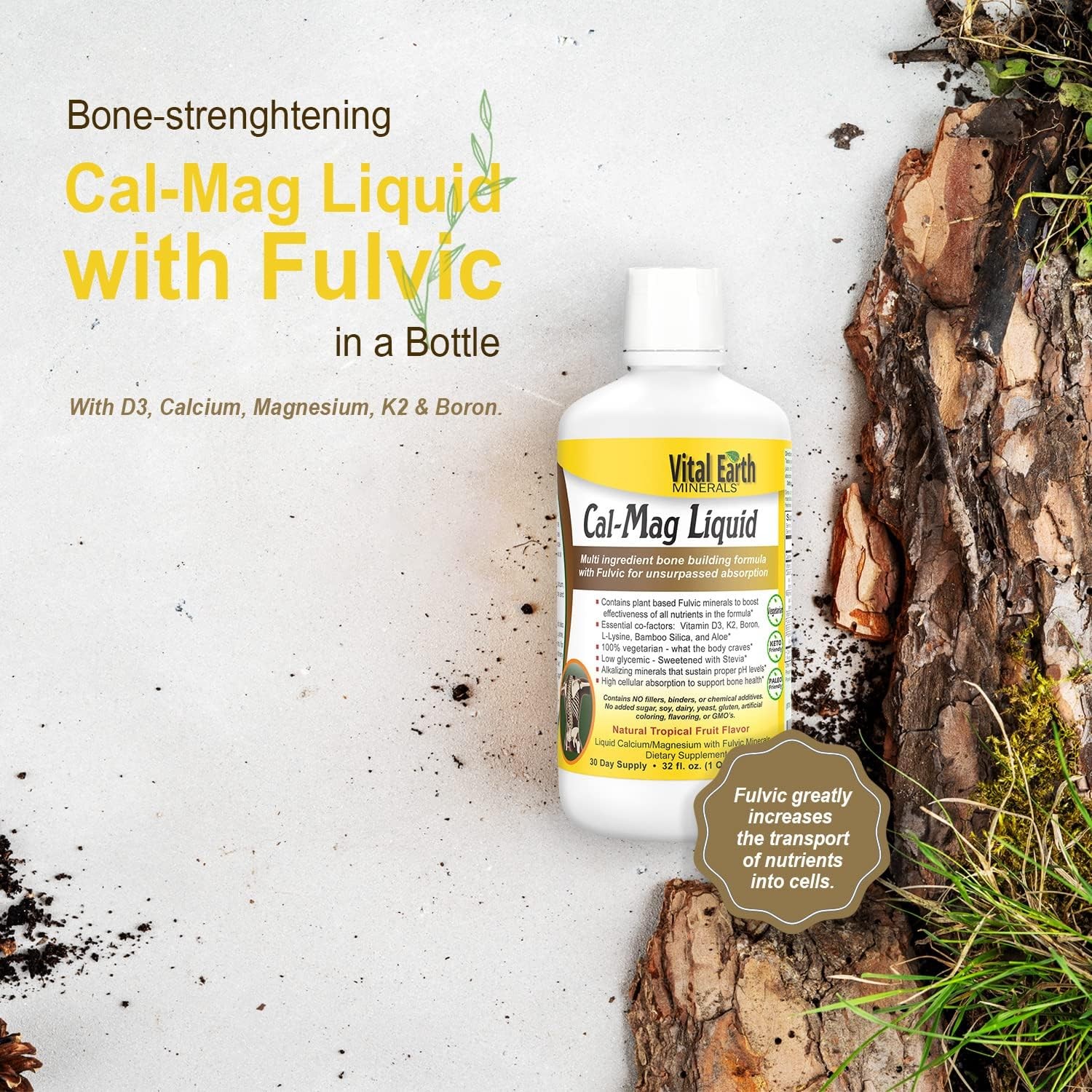 Vital Earth Minerals Cal-Mag Liquid – Calcium Magnesium Supplement with Vitamin