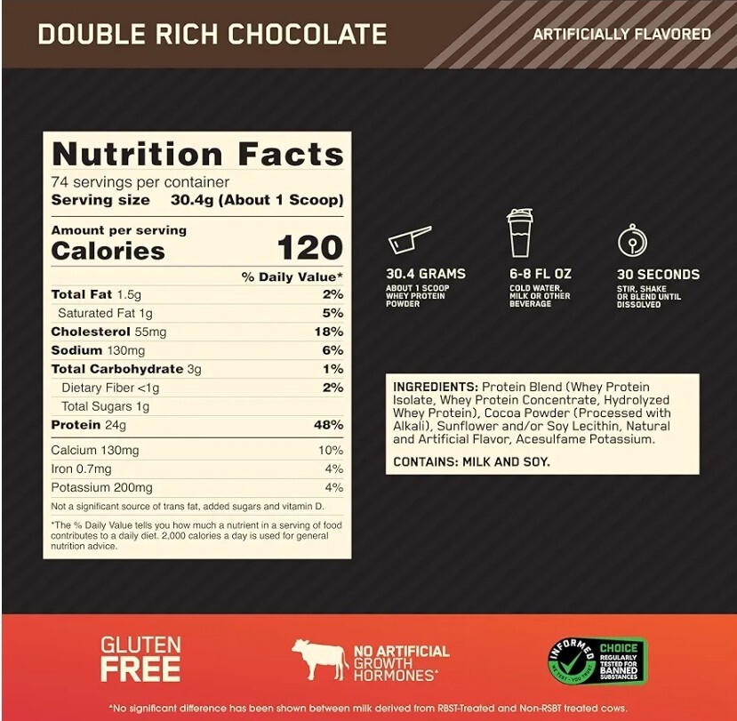 Optimum Nutrition Gold Standard Whey Protein Powder Double Rich Chocolate 2.27kg