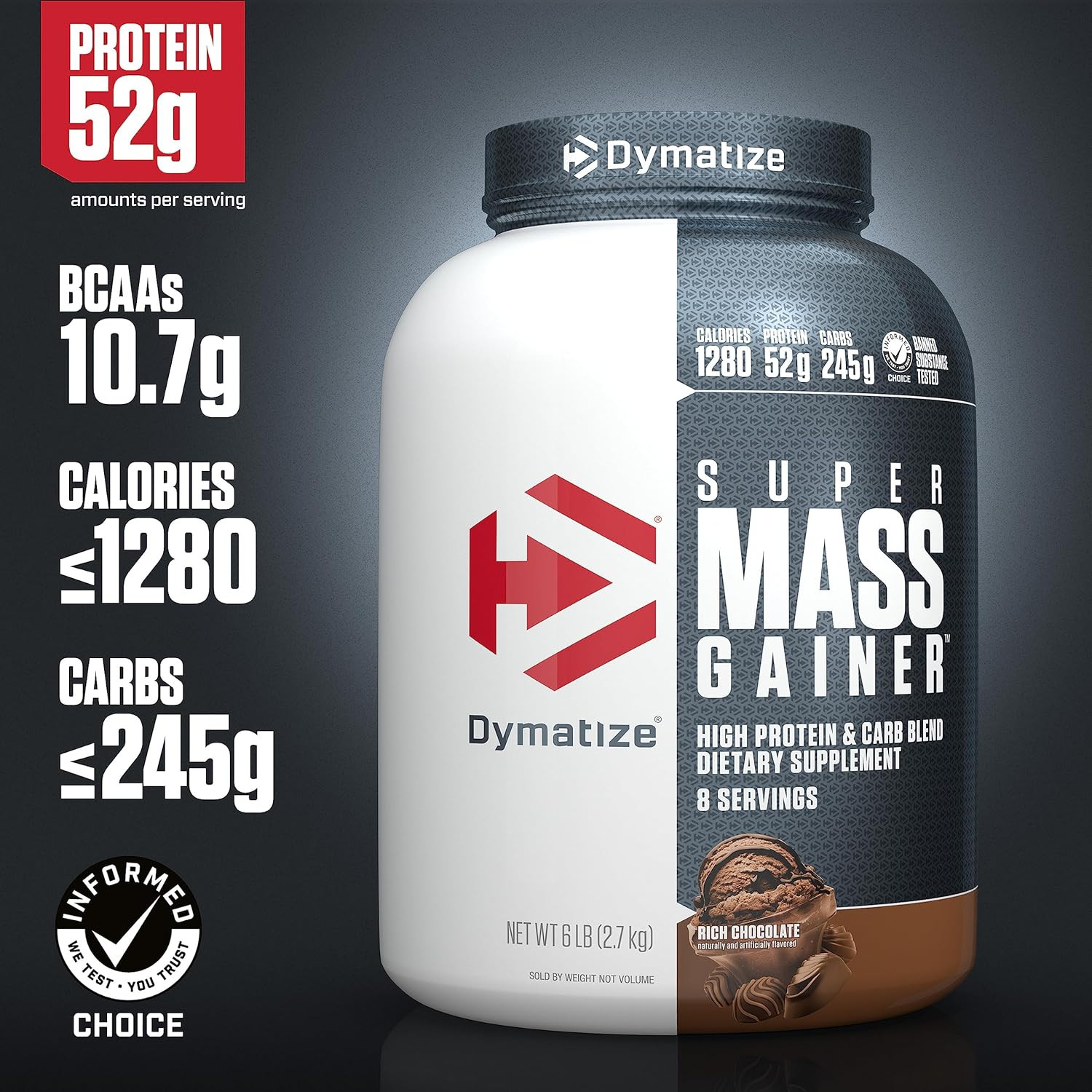Super Mass Gainer Protein Powder, Rich Chocolate, 52G Protein, 1G Creatine, 1280