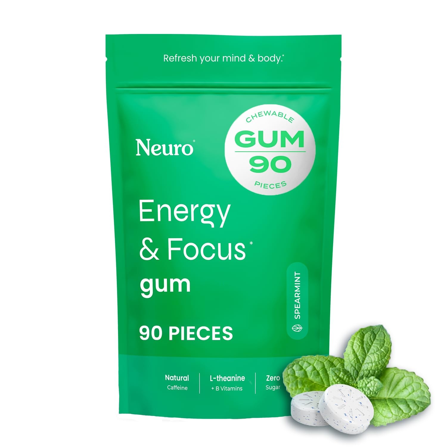 Neuro Energy & Focus Gum – 40mg Natural 90 Count (Pack of 1), Spearmint
