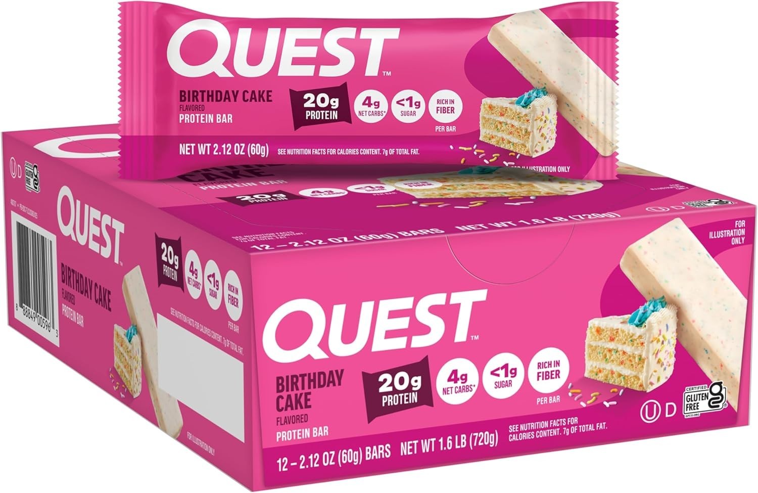 12 Pack of QUEST Protein Bars Birthday Cake 2.12oz (1 New Box) – BEST BY: 1/27
