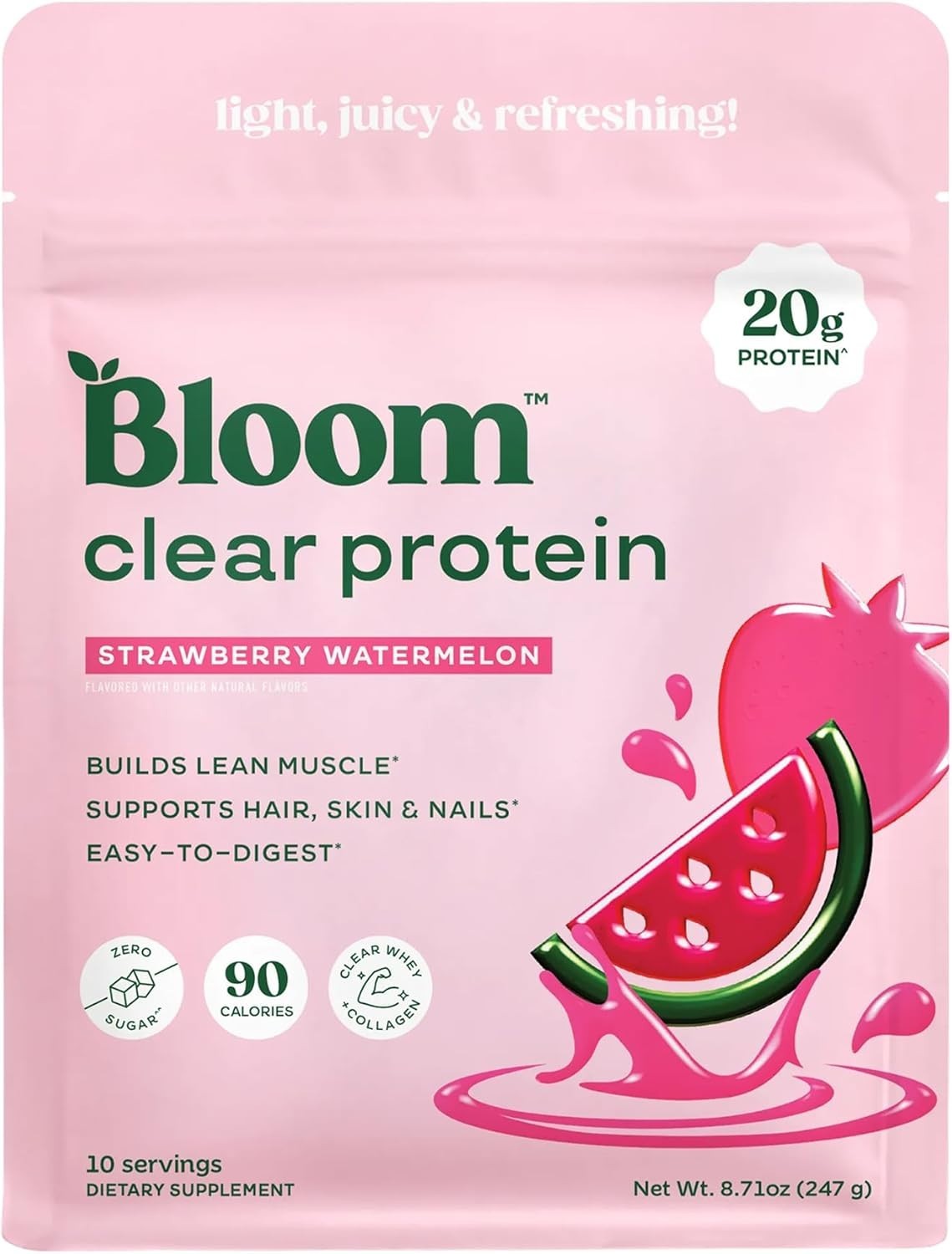 Bloom Clear Protein Powder Whey Isolate Collagen Peptides Digestive Enzymes 20g