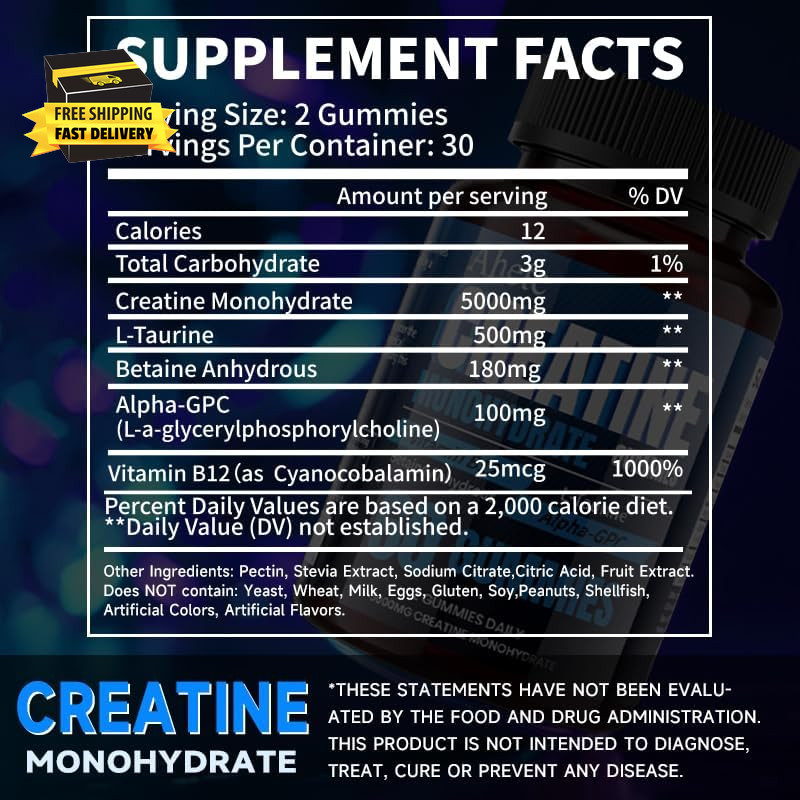 Creatine Gummies 5000Mg Sugar Free, Creatine Monohydrate with Taurine, Betaine &