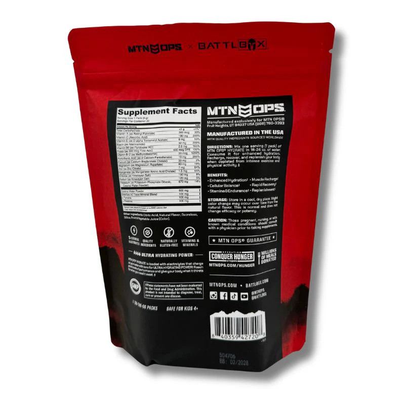MTN OPS Hydrate BattlBerry Punch Electrolyte Drink Mix 20 Pack Hydration