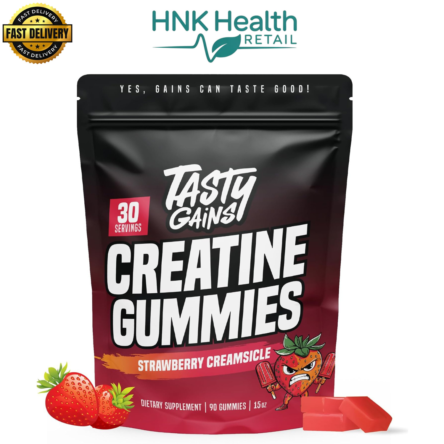 TASTY GAINS Creatine Gummies 90g Creatine Monohydrate Strawberry – 90 Gummies