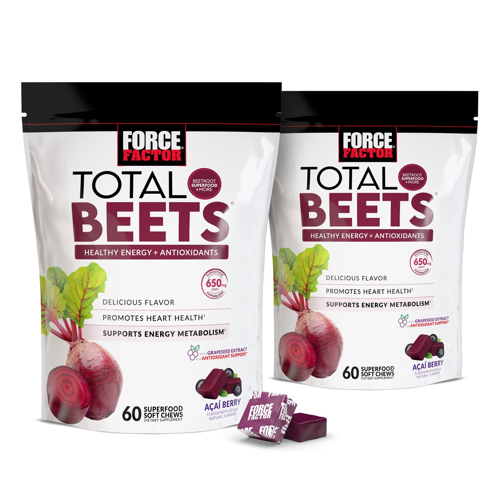 Force Factor Total Beets Soft Chews Beetroot Nitrates L-Citrulline Grapeseed