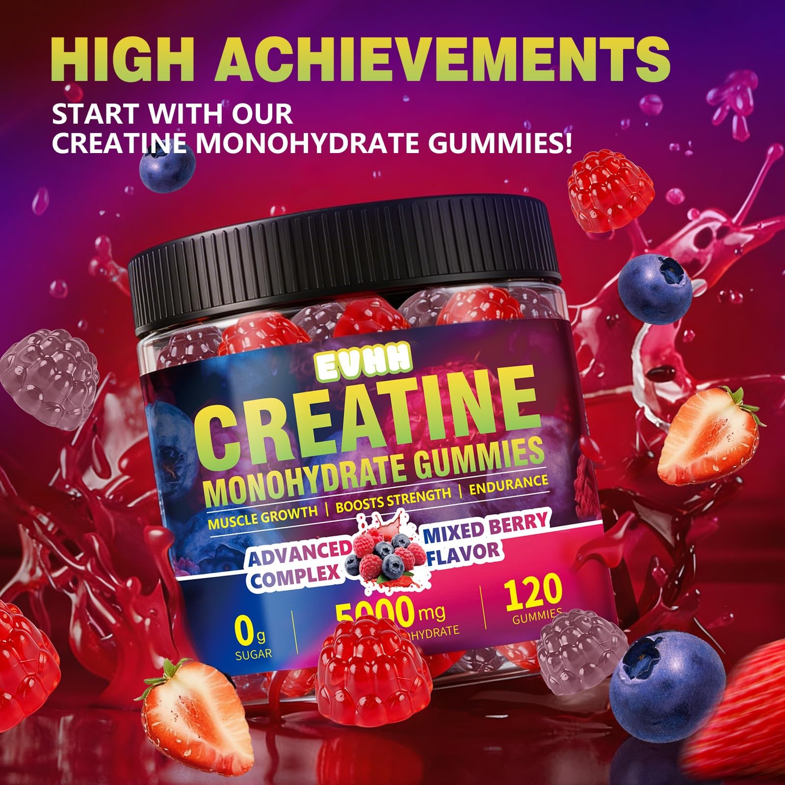 Creatine Monohydrate Gummies 5000mg, Mixed Berry, 120 Count