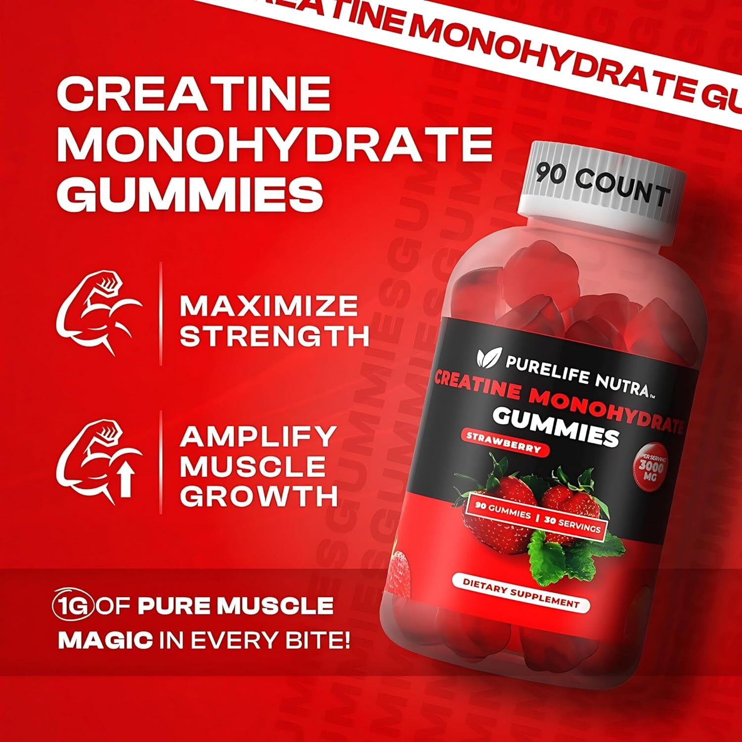 PURELIFE NUTRA Creatine Monohydrate, Strawberry flavored Gummies exp 10/26