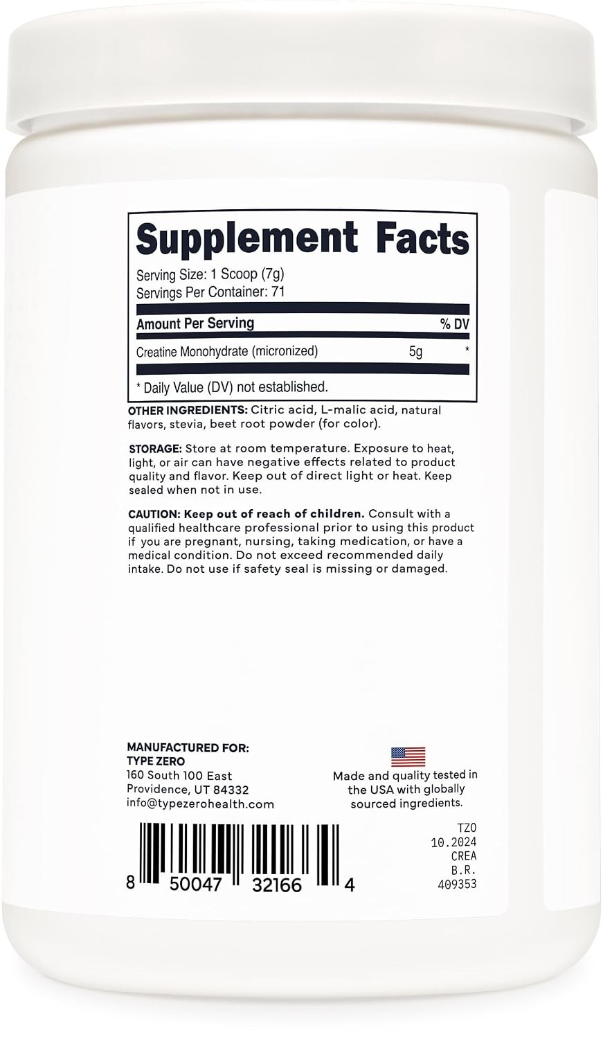 Type Zero Creatine Monohydrate Powder 500 Grams, Tropical Punch Flavored – Glute
