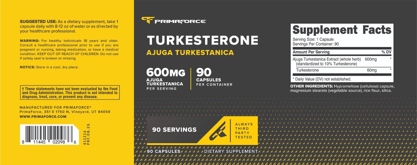 PrimaForce Turkesterone 600mg, 90 Capsules – Non-GMO & Gluten Free Supplement