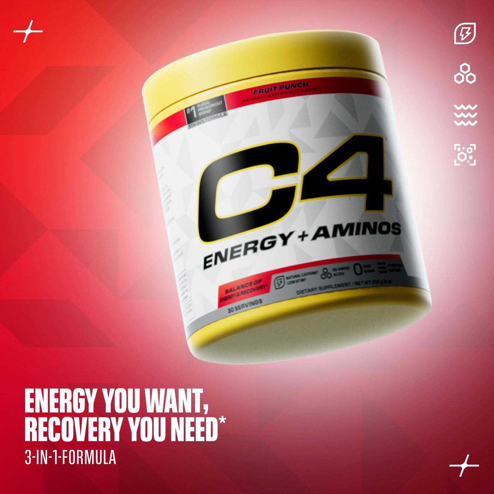 Energy + Aminos Powder, 5g BCAAs & EAAs for Muscle Recovery, 3 Electrolytes f…