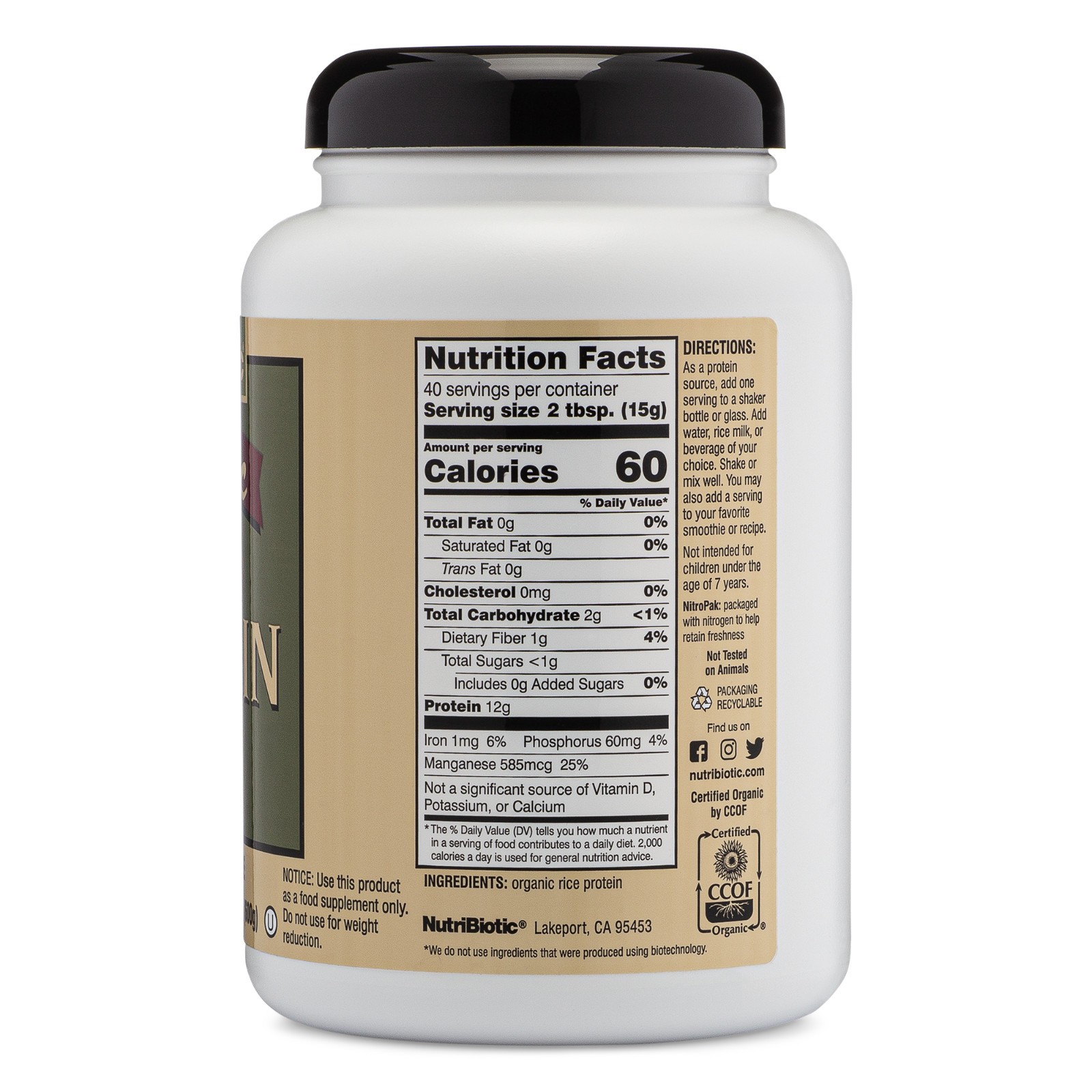NutriBiotic Organic Rice Protein, Plain Protein Powder 21.16 oz (1 lb 5.16 oz)