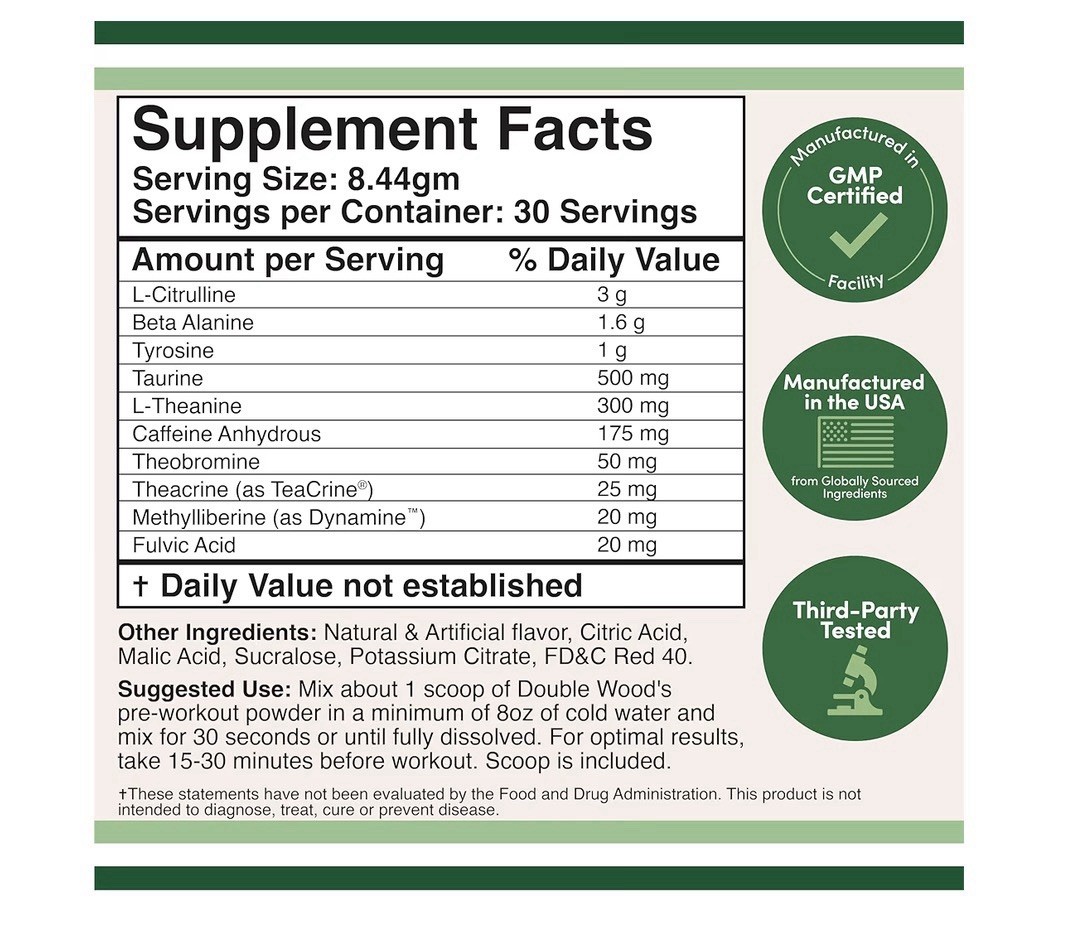 Double Wood Supplements Pre-Workout Fruit Punch Powder 30 Servings