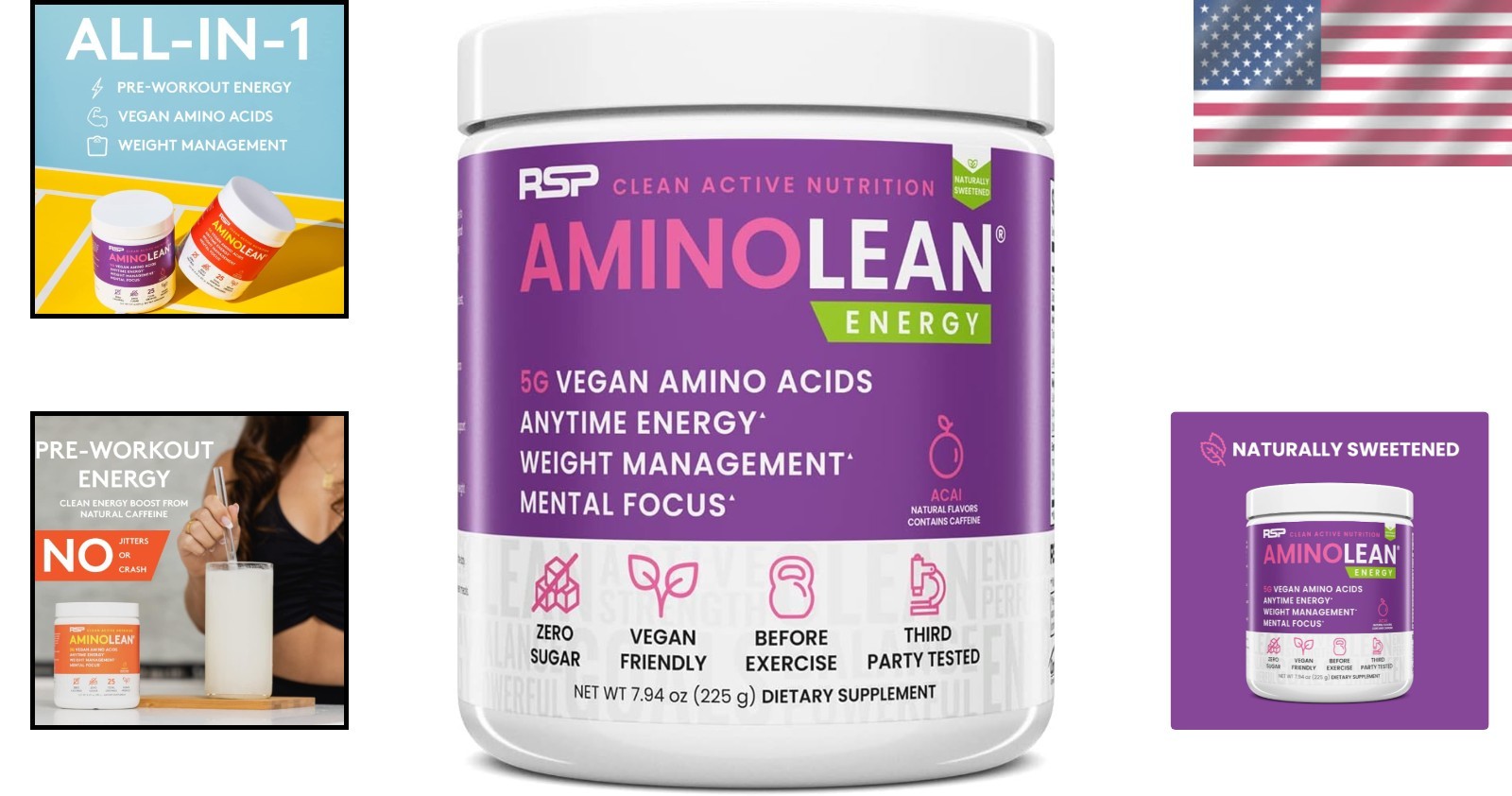 Naturally Sweetened AminoLean Pre Workout – Acai Flavor, 25 Servings, Zero Sugar