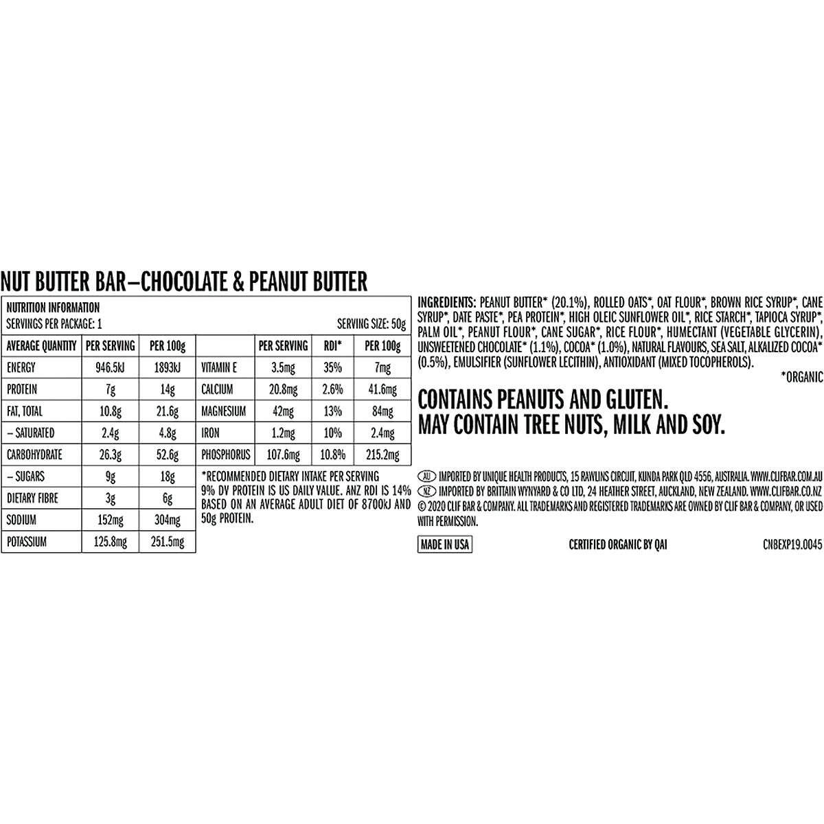 CLIF Nut Butter Bar Chocolate & Peanut Butter 50g (Pack of 12)