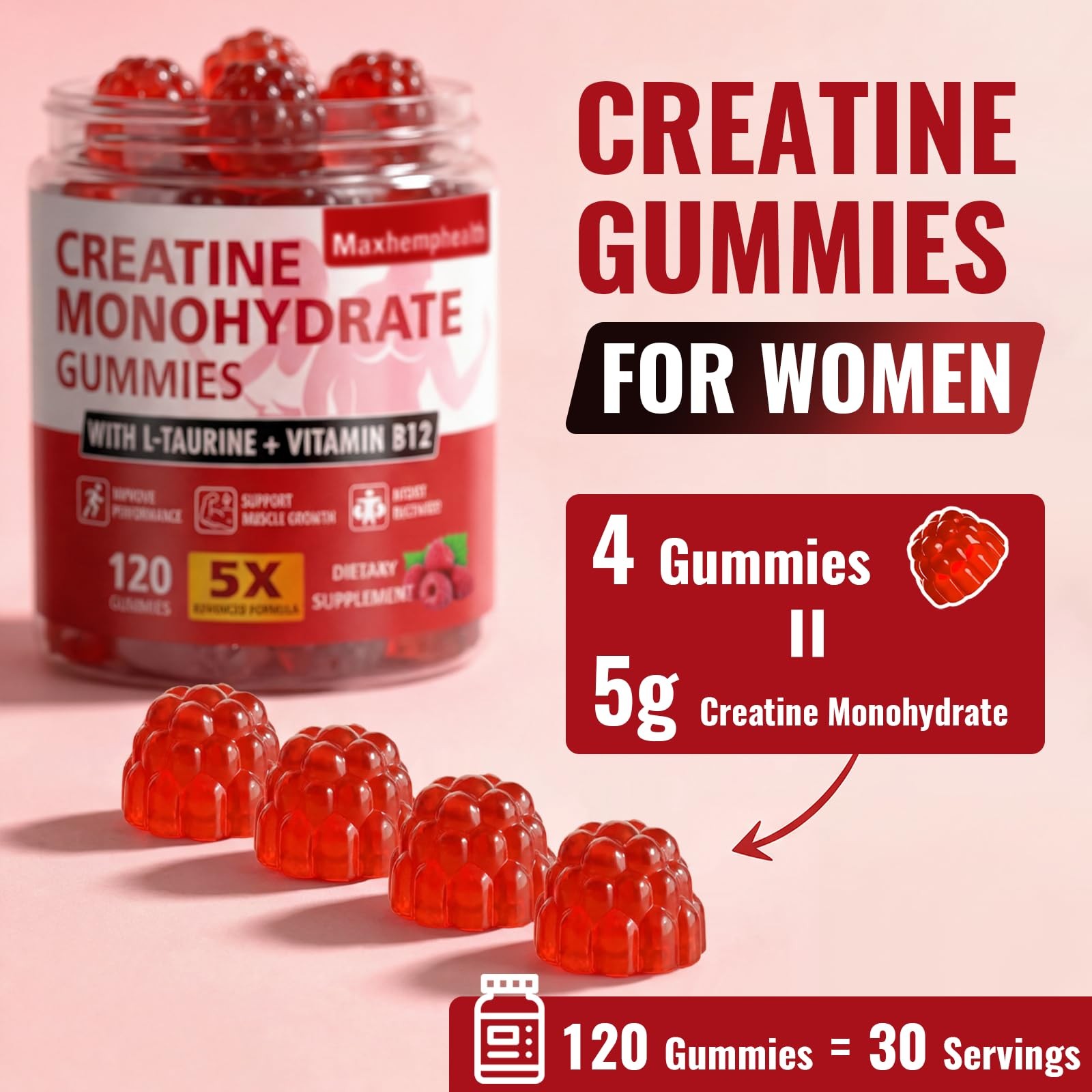Creatine Gummies for Women, 5g Creatine Monohydrate, 120 Count | Creatine for…