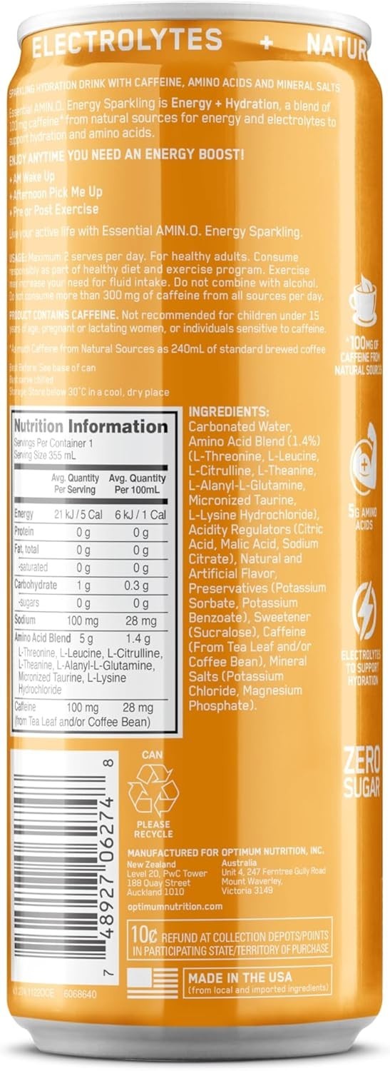 12x OPTIMUM NUTRITION Amino Energy Drink Electrolytes Hydration Mango Lime 355ml