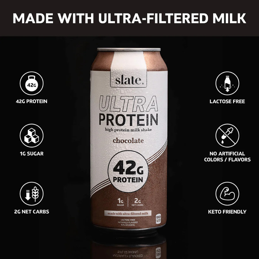 Slate 42G Ultra Protein Shakes – Breakfast Boost, Chocolate (15 fl oz), 12 Cans