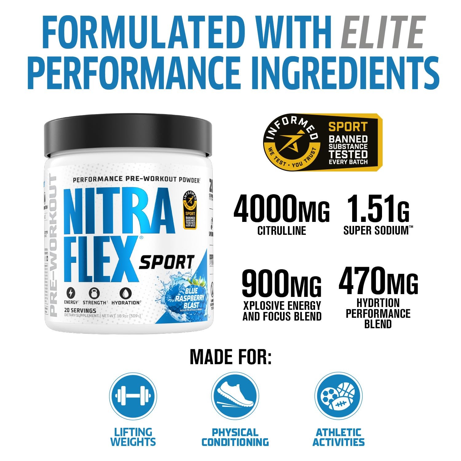 Nitraflex Sport Pre-Workout Powder 20 Servings Blue Raspberry Blast-EXP:07/2027