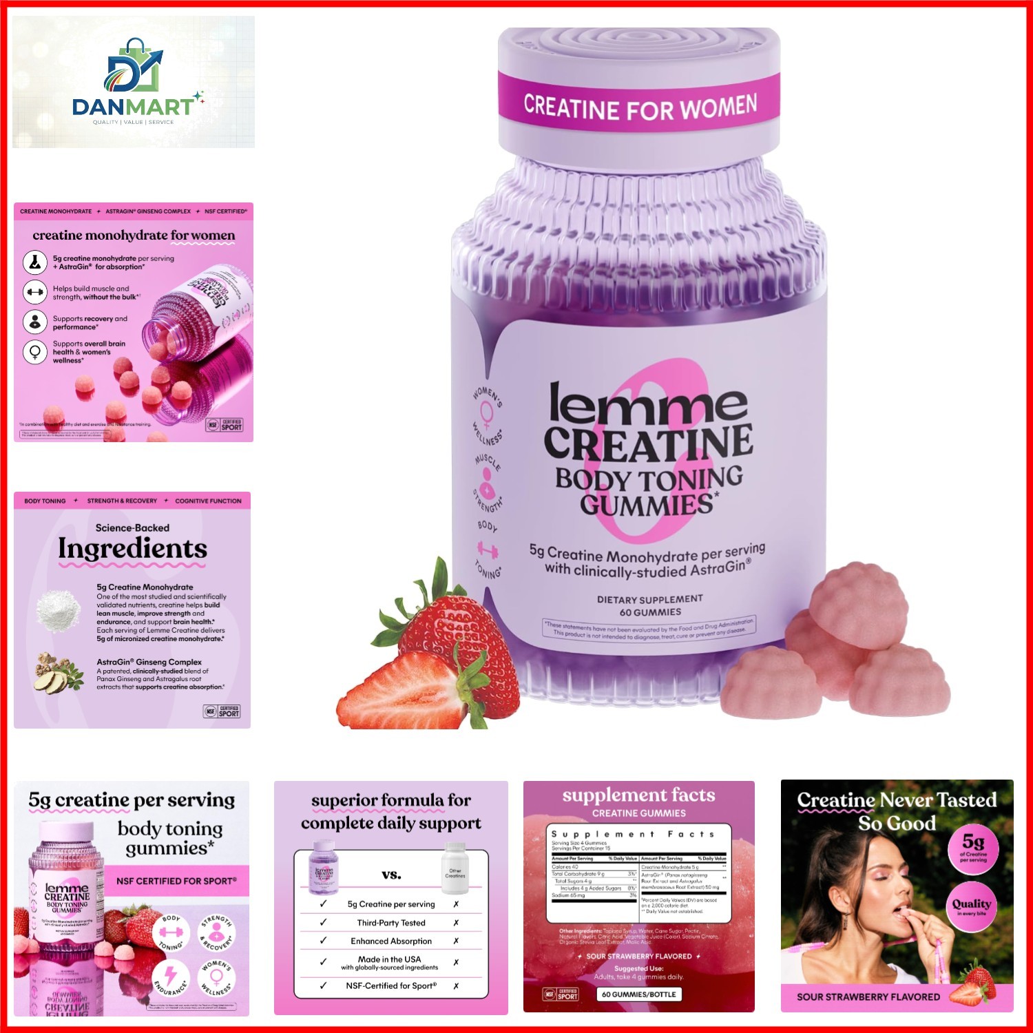 Creatine Monohydrate Gummies, Sour Strawberry 60 Gummies | 5g Creatine for Le…