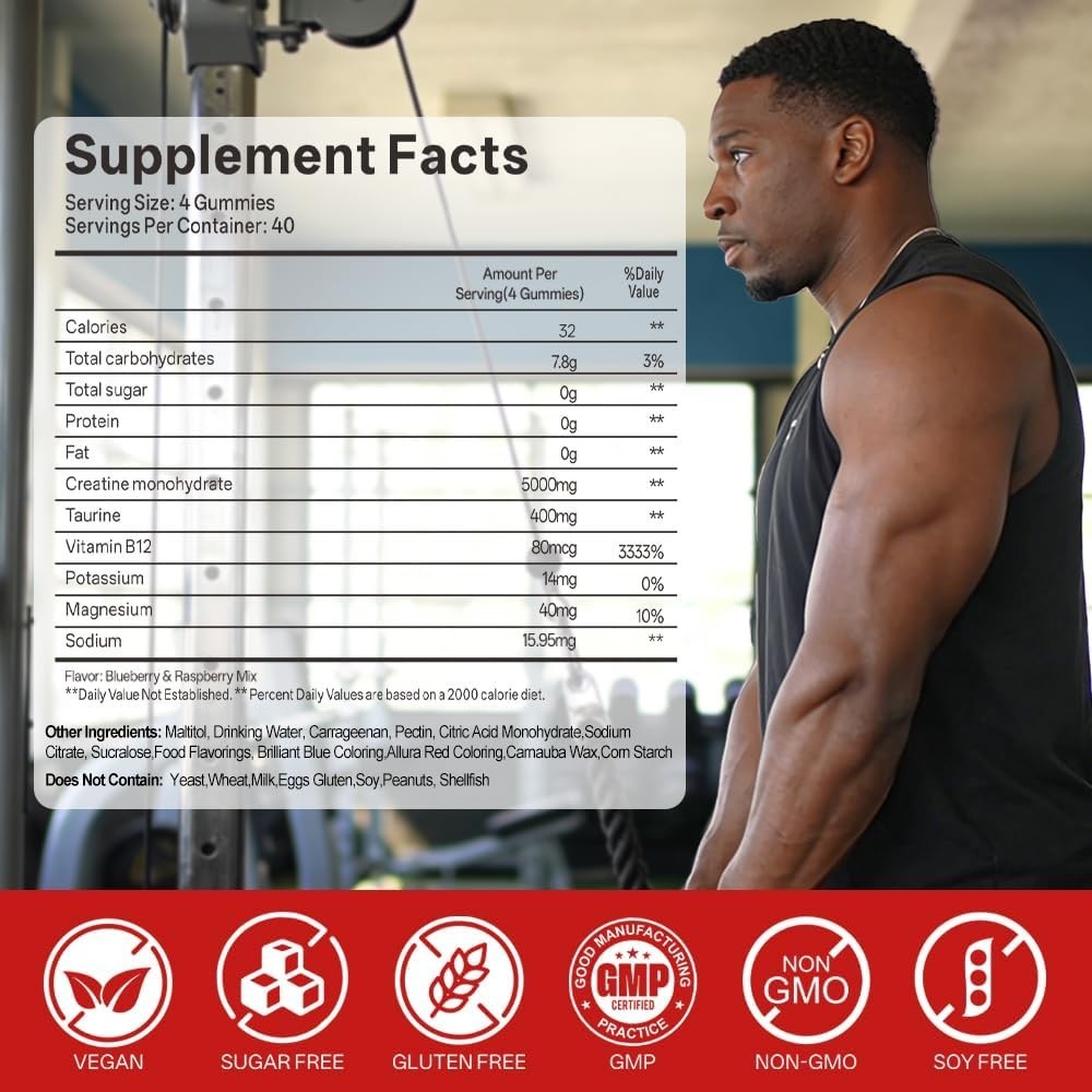 99.9% Creatine Monohydrate Gummies 5000mg for Men & Women with Taurine & B12,160