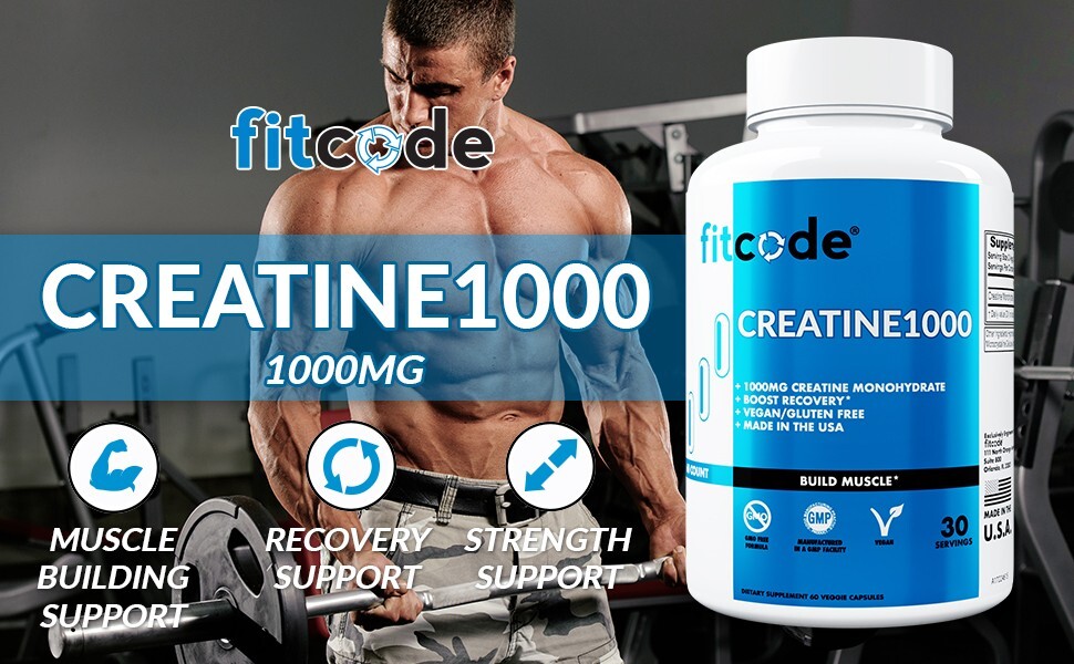 Fitcode Creatine1000, 1 Gram of Pure Creatine Monohydrate, 30 Veggie Capsules