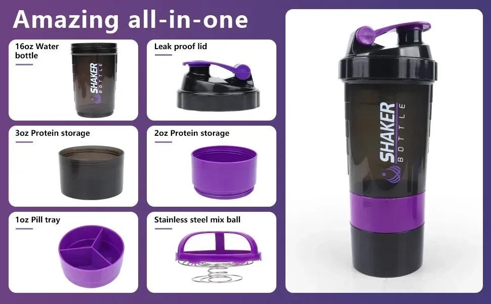 500ml Protein Shaker Bottle Layered Powder Storage Water Bottle Wire Ball