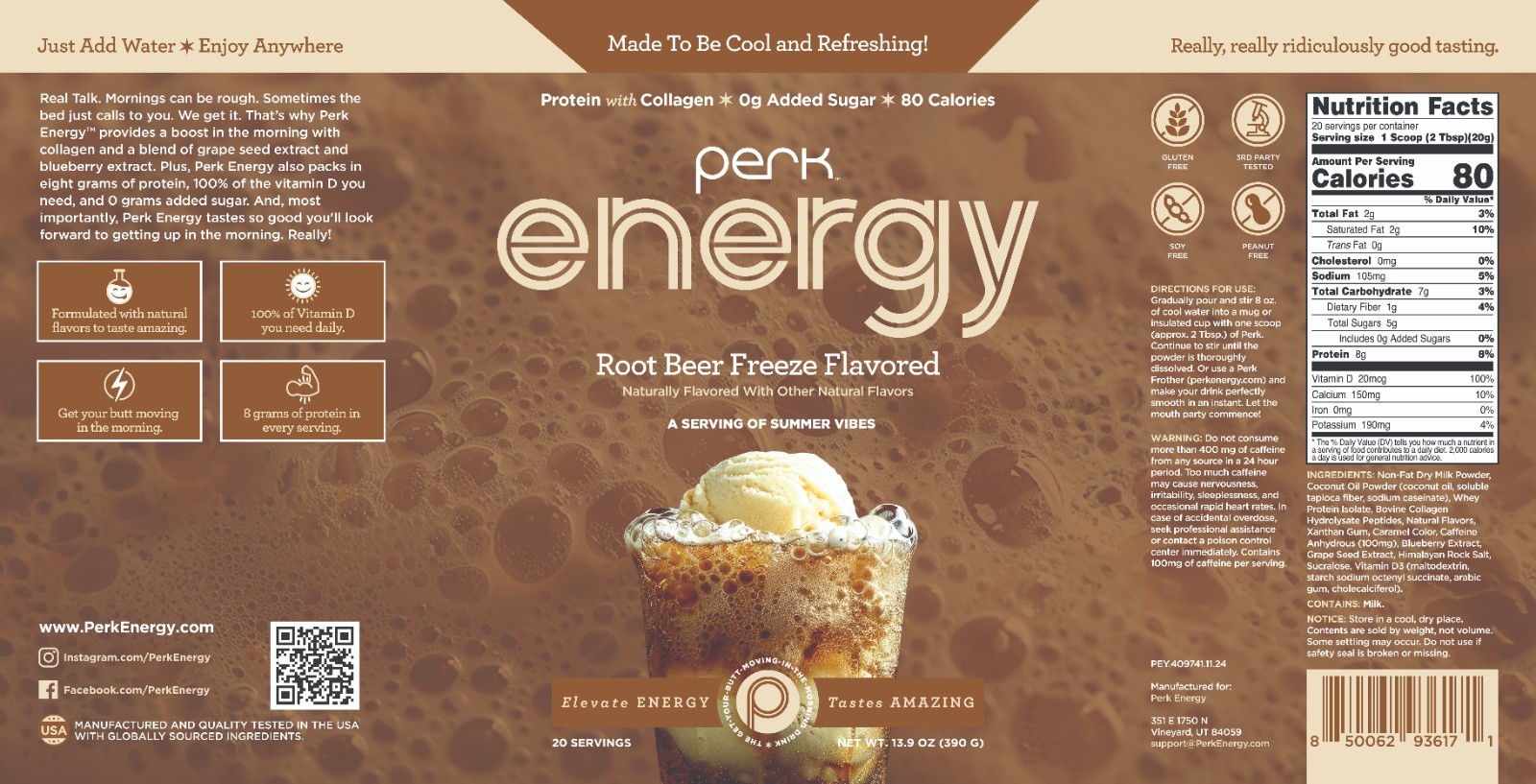 Perk Energy Original Dutch Hot Cocoa (20 Servings) – Soy Free, Peanut Free