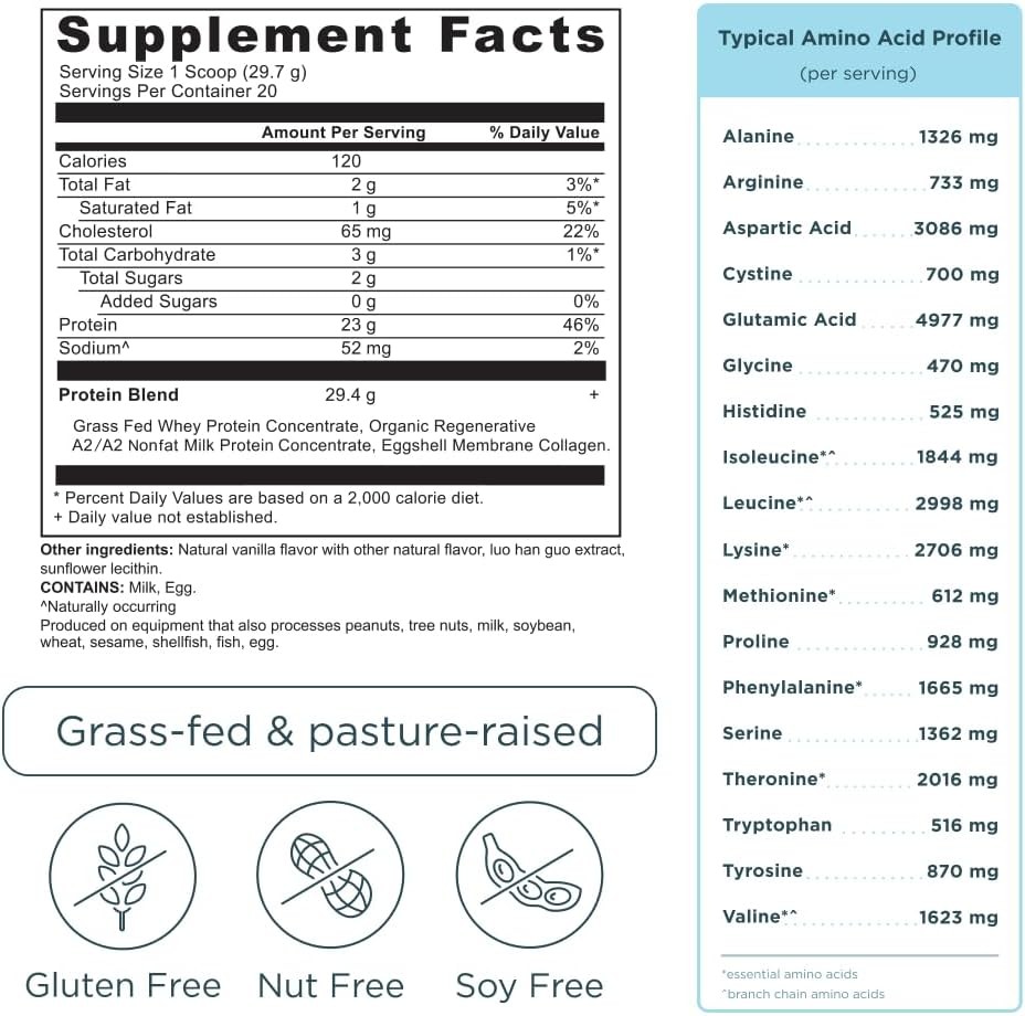 Grass Fed Whey Protein Vanilla Bean A2/A2 Milk Protein Collagen Peptides