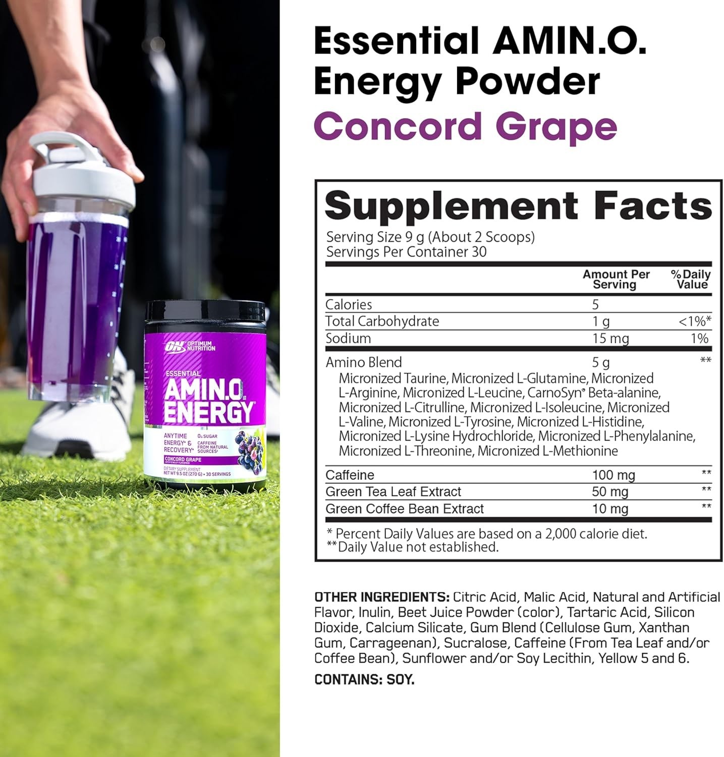 100mg Caffeine Amino Energy Blend – Pre Workout Powder for Optimal Focus, 9.5oz