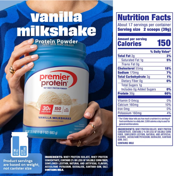 Premier Protein 100% Whey Protein Powder, Vanilla Milkshake, 1.7 lb