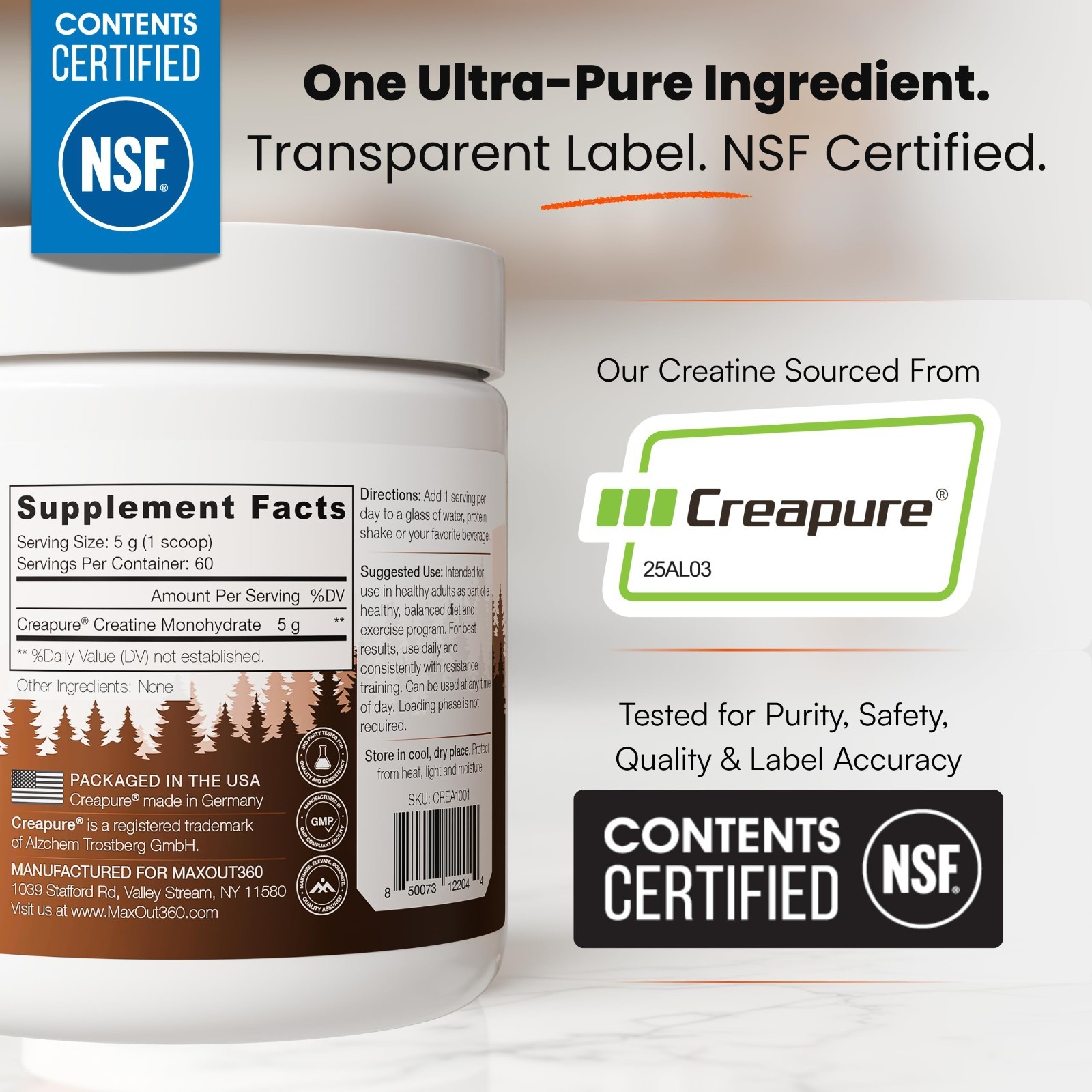 Pure Creatine Monohydrate Powder, 60 Servings, Unflavored, NSF Certified for Mus