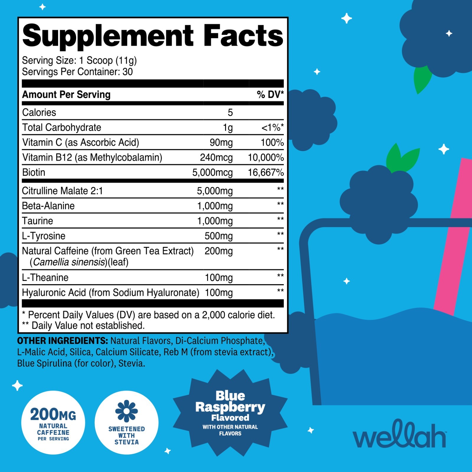 Wellah Get-Going Pre-Workout Drink Mix (Blue Raspberry) – 200mg Natural Caffeine