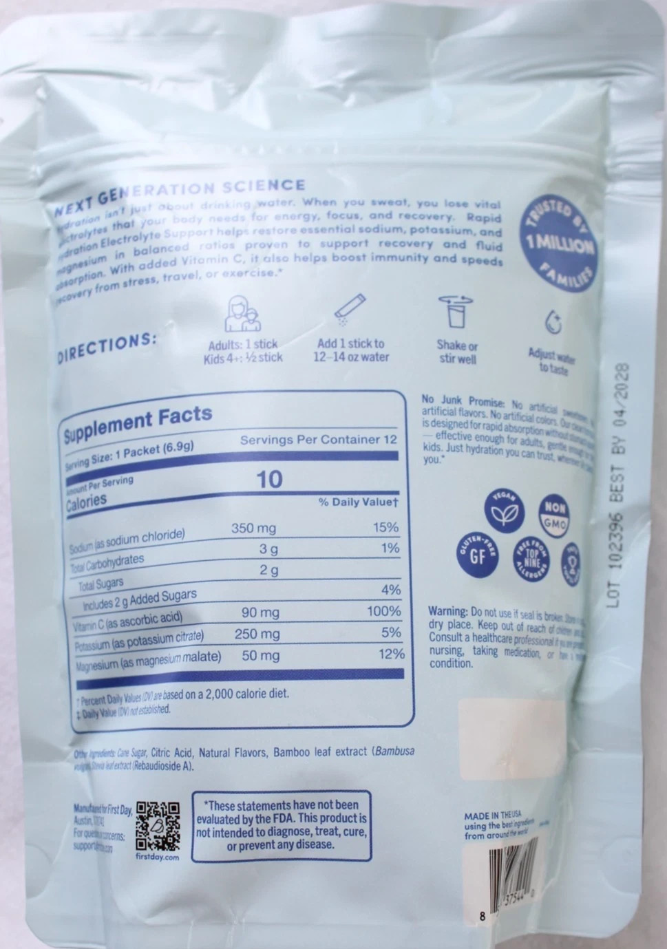 first day Rapid Hydration Electrolyte Powder Lemon/Lime 12 Packets GF