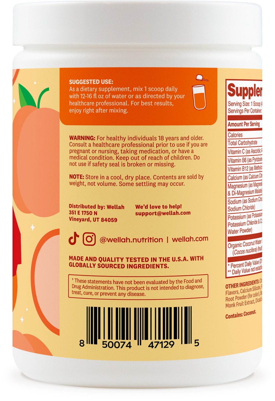 Wellah Electrolytes Powder (Peach Clementine) 50 Servings – Hydration Drink Mix