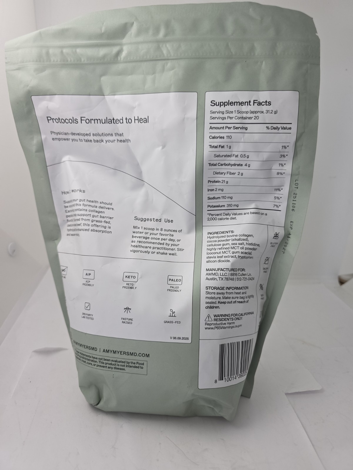 Amy Myers MD Paleo Protein Powder D Chocolate 22.01oz. Sealed Exp. 11/27
