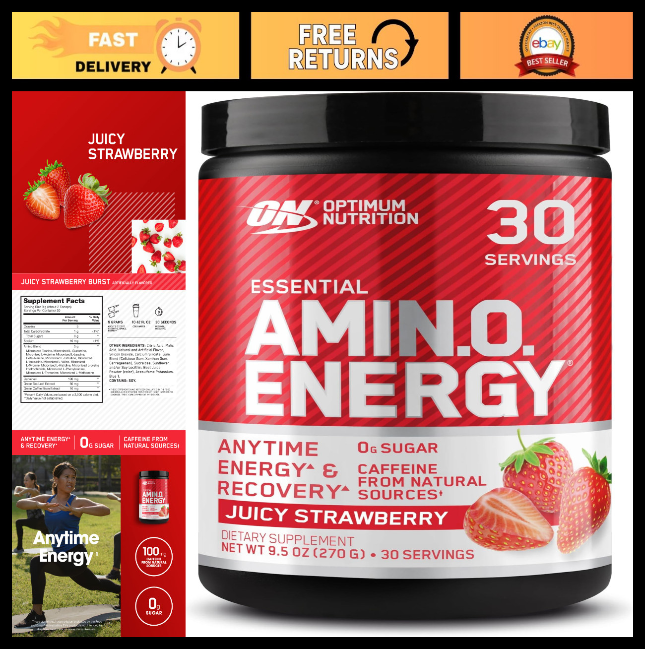 Amino Energy Pre Workout Powder – BCAA, Green Tea, Keto Friendly, Strawberry Bur