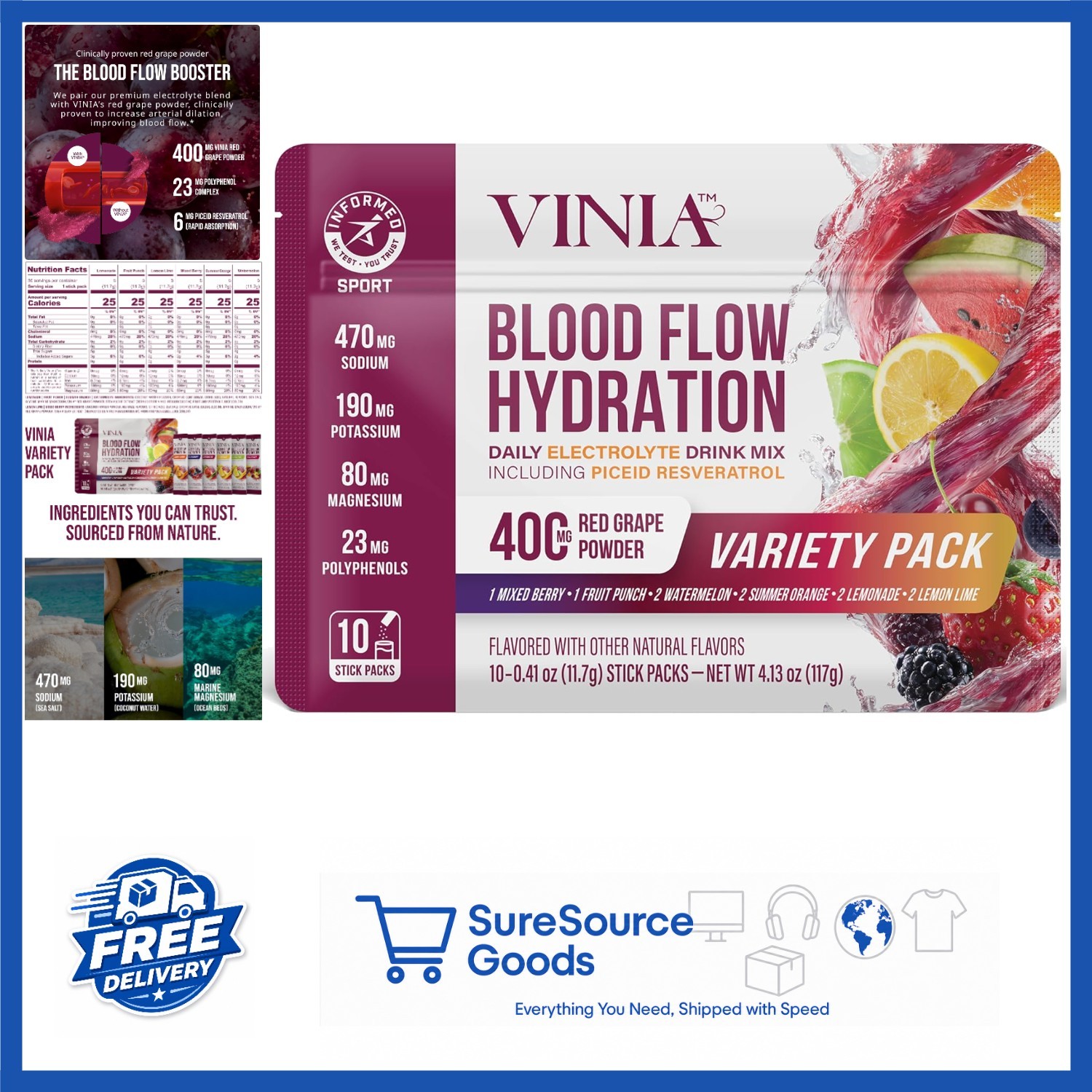 Blood Flow Hydration Powder Mix with Electrolytes 10 Sticks Variety Pack
