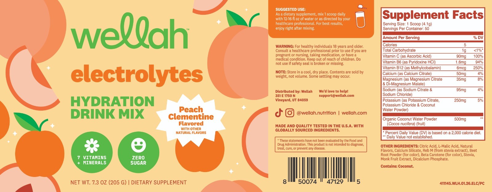 Wellah Electrolytes Powder (Peach Clementine) 50 Servings – Hydration Drink Mix