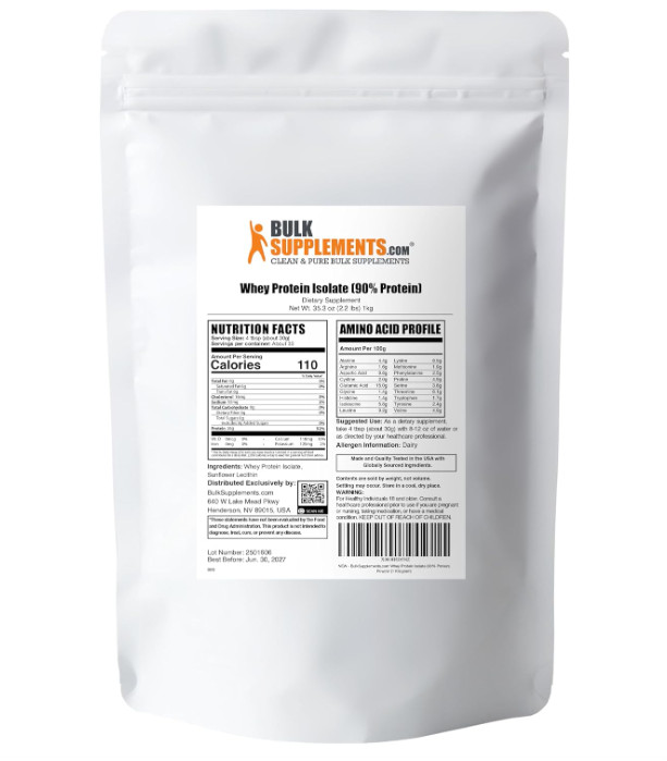BulkSupplements Whey Protein Isolate Powder, Unflavored, 2.2 lb, 30g Protein