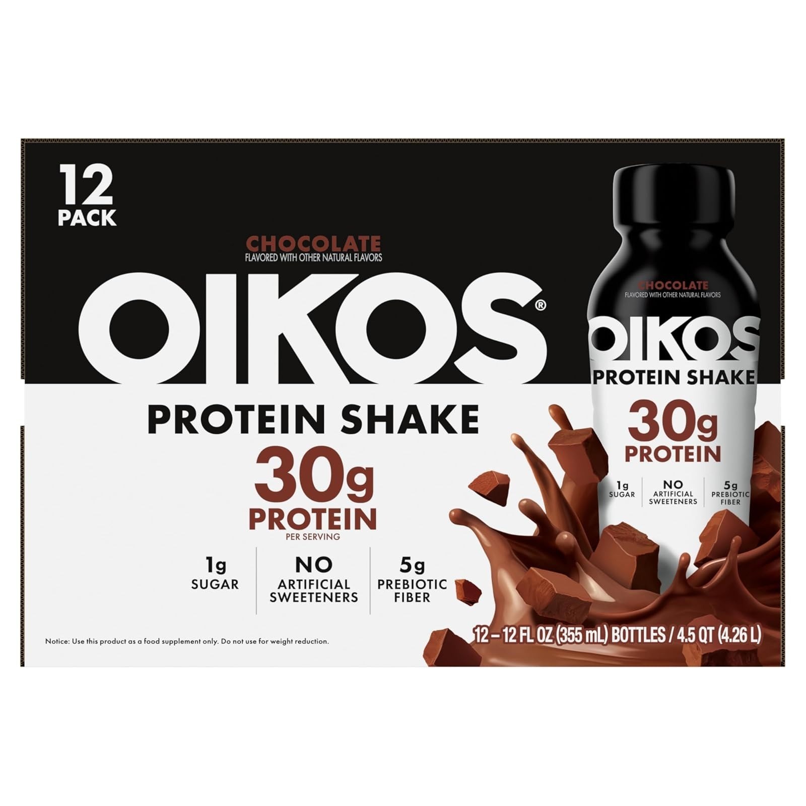 Oikos Chocolate Protein Shake 30g Protein 12 fl oz Bottle 12 Count