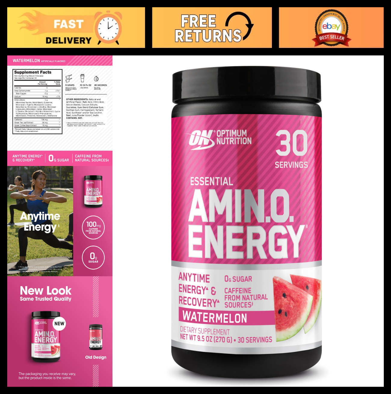 Amino Energy Powder – Pre Workout with BCAA, Green Tea & Coffee Extract, Keto, W