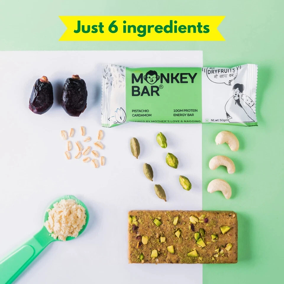 MONKEY BAR – Pistachio Cardamom Protein Bar – 8 Bars, 50g each, 11g Protein, Hig