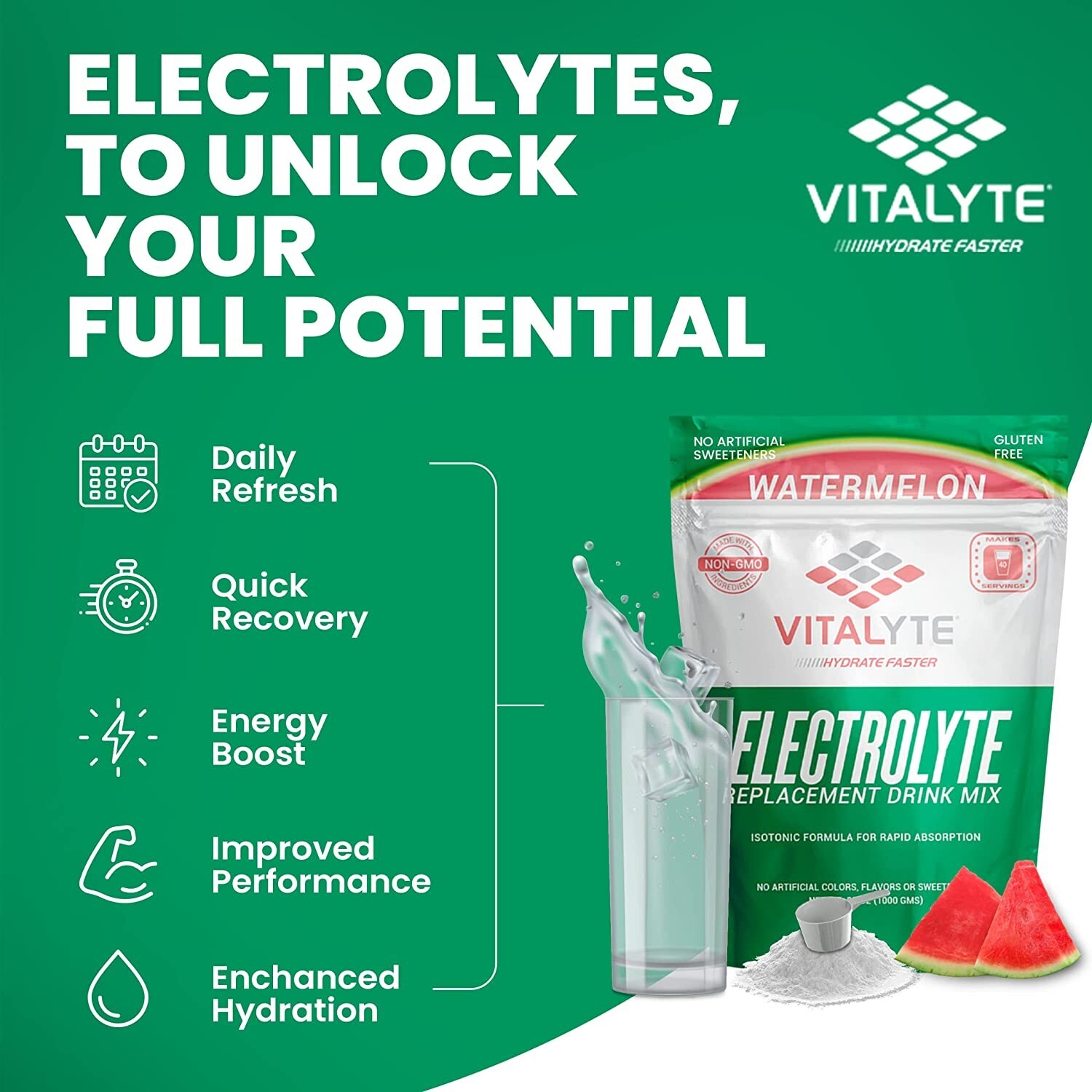 Vitalyte Electrolyte Powder Drink Mix Bundle, Pouch + Packets, Watermelon Flavor