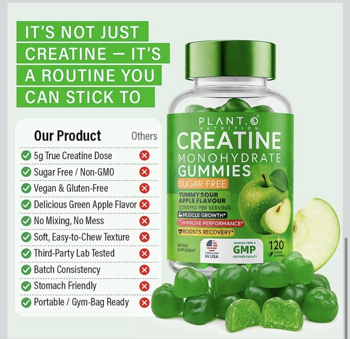 PLANT.O NUTRITION Creatine Monohydrate Gummies Sugar Free 120 Count Green Apple