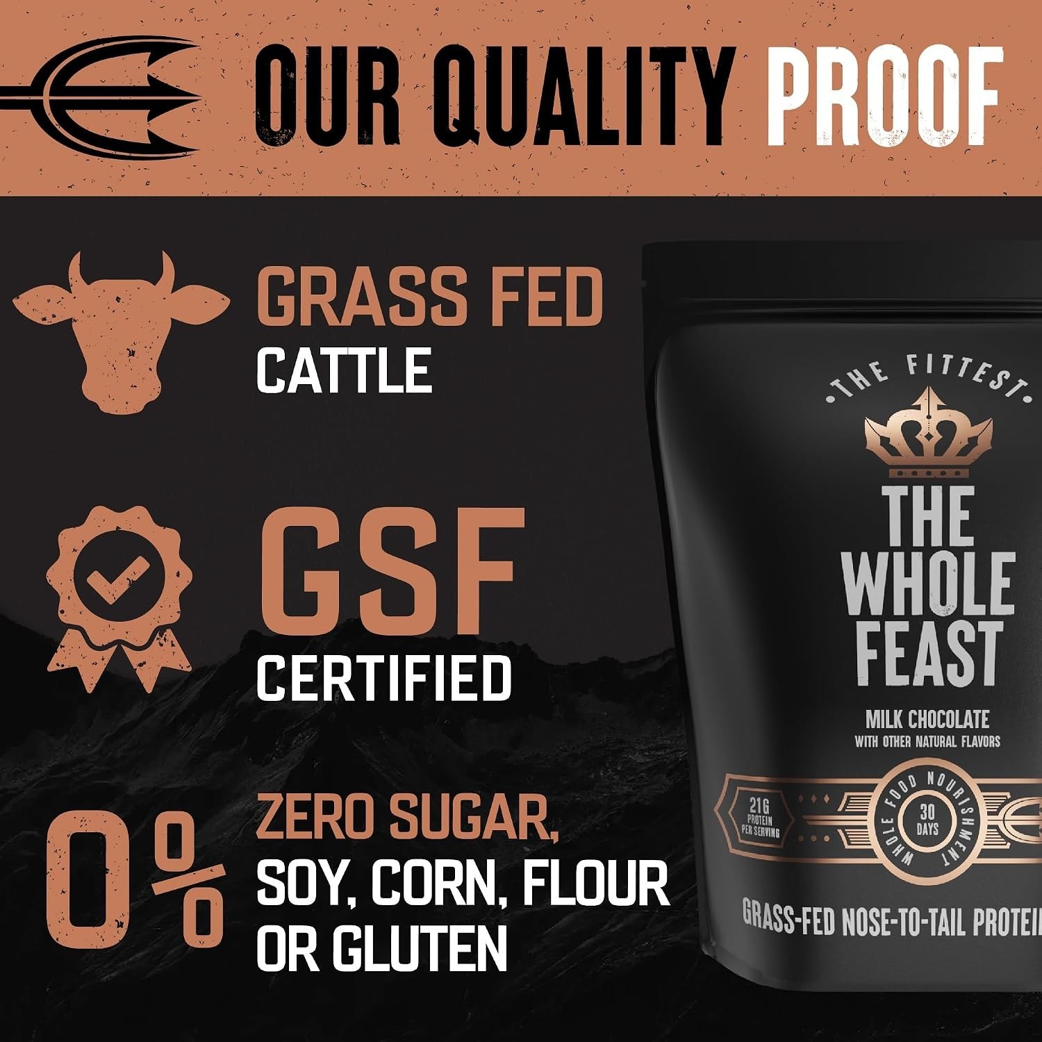 Whole Feast Beef Protein Powder Milk Chocolate Grass Fed Collagen BCAAs 21g